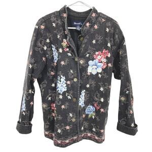 Denim & Co Womens Floral Embroidered Gray Boho Collared Jacket Size L
